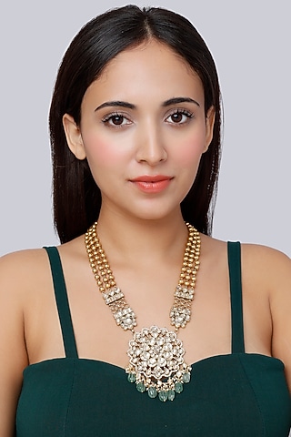 Gold Finish Kundan Polki Long Necklace In Sterling Silver by Vinanti Manji