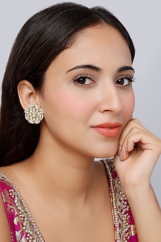 Gold Finish Traditional Stud Earrings In Sterling Silver by Vinanti Manji
