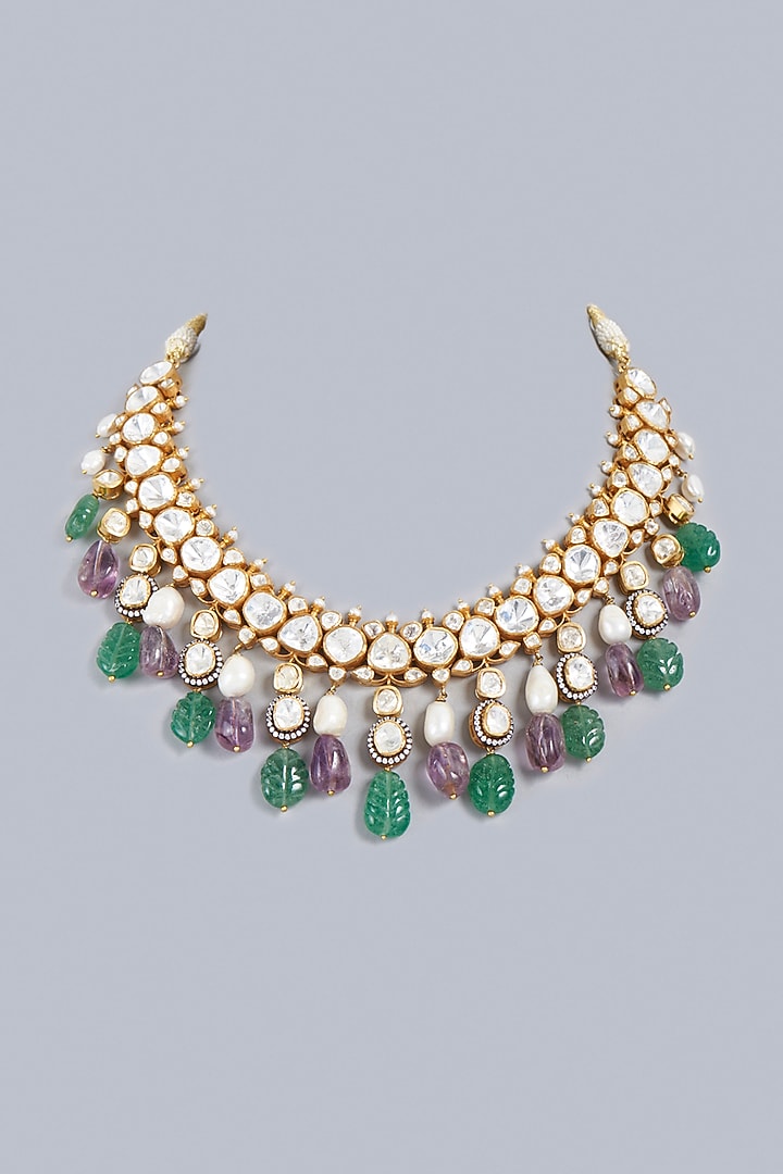 Gold Finish Multi-Colored Indo-Western Necklace In Sterling Silver by Vinanti Manji at Pernia's Pop Up Shop