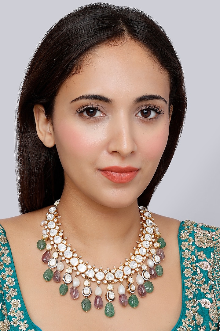 Gold Finish Multi-Colored Indo-Western Necklace In Sterling Silver by Vinanti Manji at Pernia's Pop Up Shop