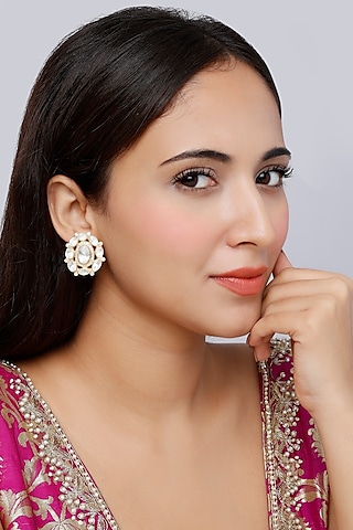 Gold Finish Kundan Polki Indo-Western Stud Earrings In Sterling Silver by Vinanti Manji