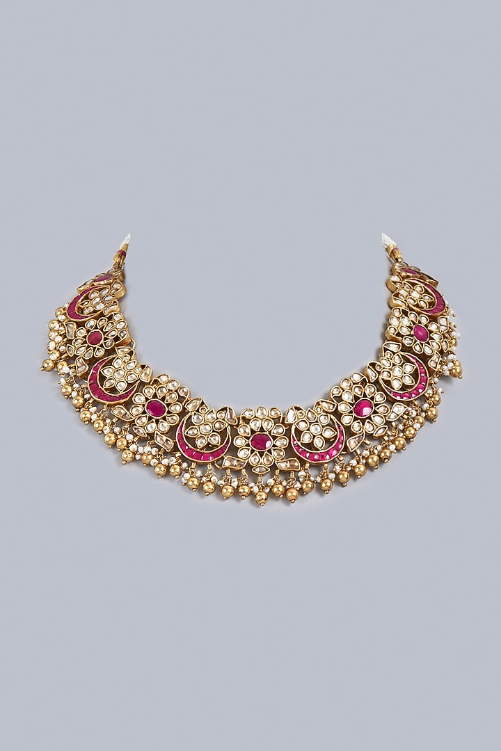Gold Finish Kundan Polki Necklace In Sterling Silver by Vinanti Manji at Pernia's Pop Up Shop