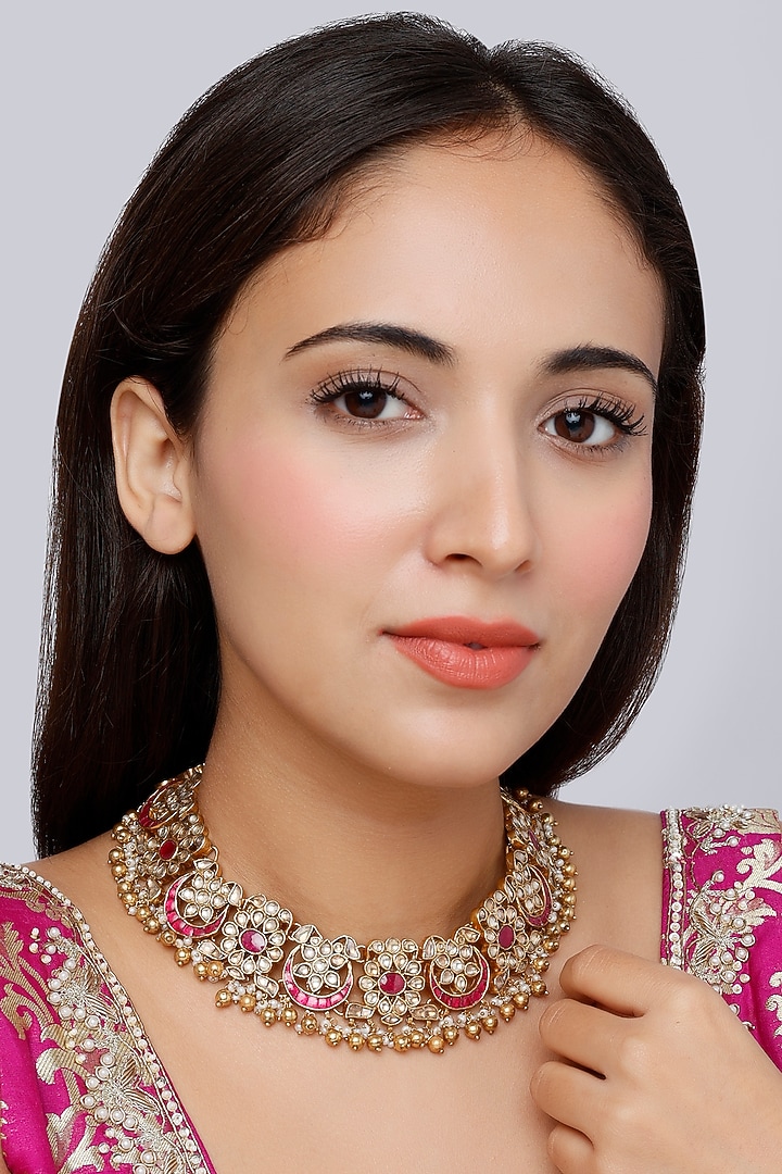 Gold Finish Kundan Polki Necklace In Sterling Silver by Vinanti Manji at Pernia's Pop Up Shop