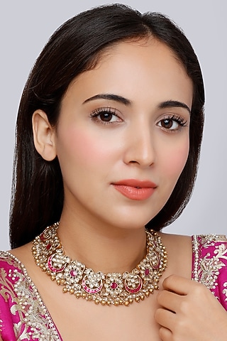 Gold Finish Kundan Polki Necklace In Sterling Silver by Vinanti Manji