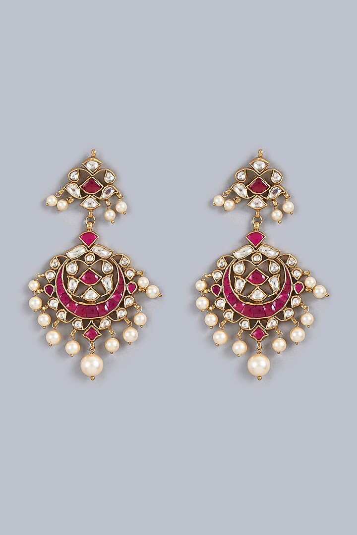 Gold Finish Kundan Polki Traditional Chandabali Earrings In Sterling Silver by Vinanti Manji at Pernia's Pop Up Shop