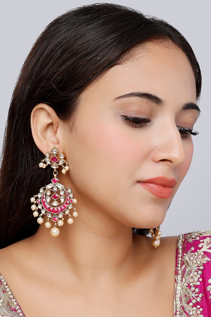 Gold Finish Kundan Polki Traditional Chandabali Earrings In Sterling Silver by Vinanti Manji at Pernia's Pop Up Shop