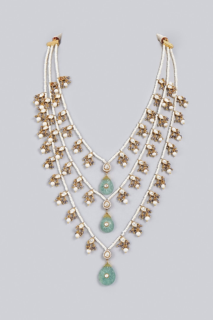 Gold Finish Kundan Polki Indo-Western Layered Necklace In Sterling Silver by Vinanti Manji at Pernia's Pop Up Shop