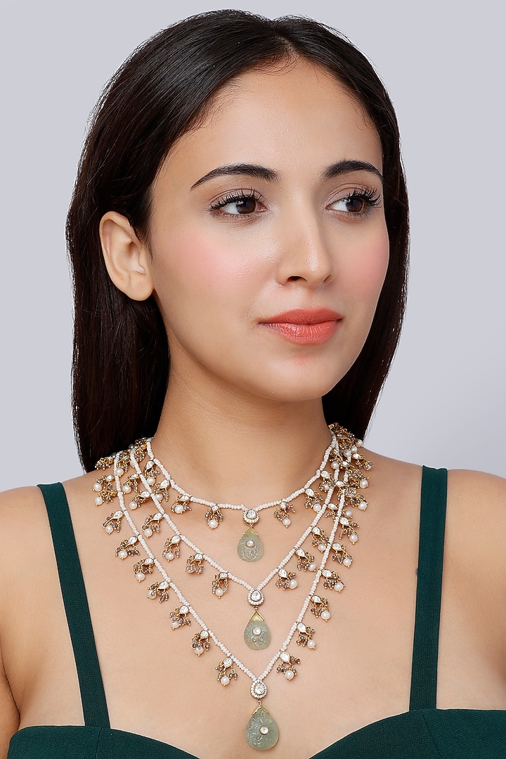 Gold Finish Kundan Polki Indo-Western Layered Necklace In Sterling Silver by Vinanti Manji at Pernia's Pop Up Shop