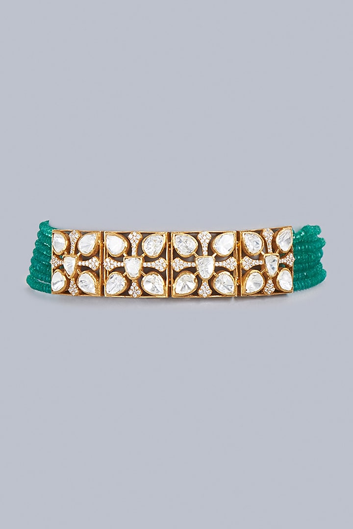 Gold Finish Green Onyx Stone Indo-Western Choker Necklace In Sterling Silver by Vinanti Manji at Pernia's Pop Up Shop