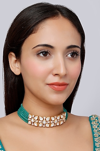 Gold Finish Green Onyx Stone Indo-Western Choker Necklace In Sterling Silver by Vinanti Manji