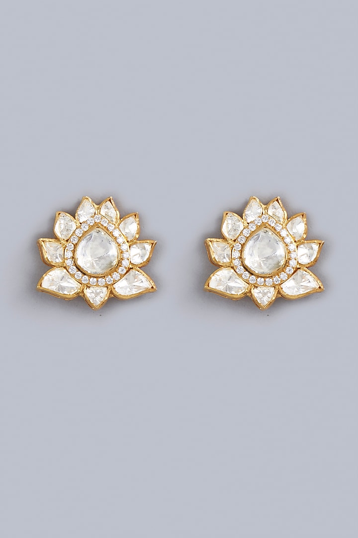 Gold Finish Indo-Western Lotus Stud Earrings In Sterling Silver by Vinanti Manji at Pernia's Pop Up Shop