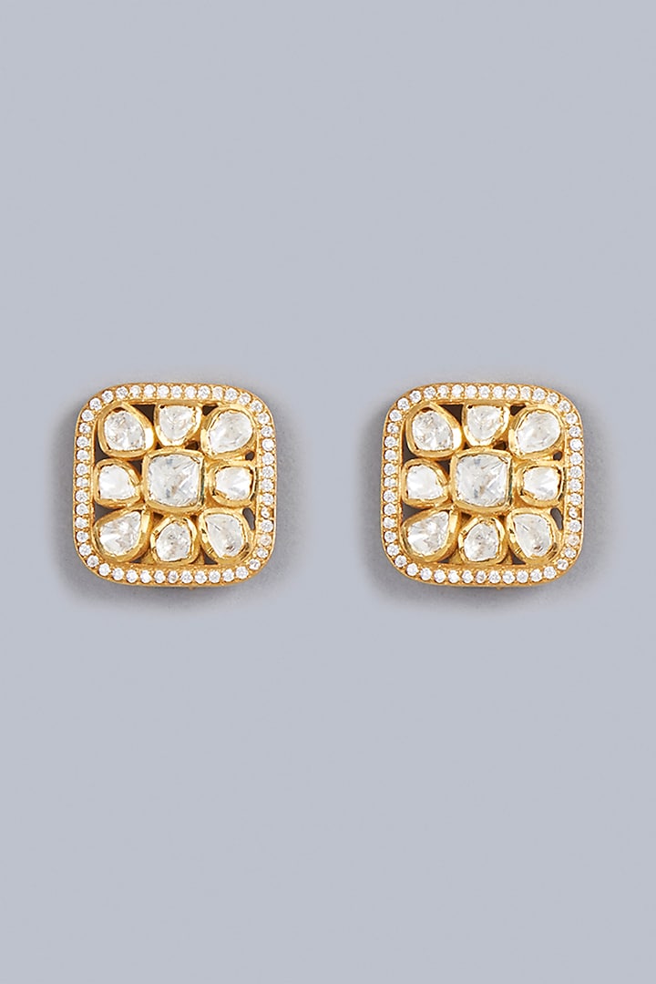 Gold Finish Indo-Western Square Stud Earrings In Sterling Silver by Vinanti Manji at Pernia's Pop Up Shop