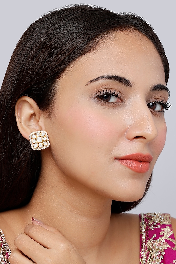 Gold Finish Indo-Western Square Stud Earrings In Sterling Silver by Vinanti Manji