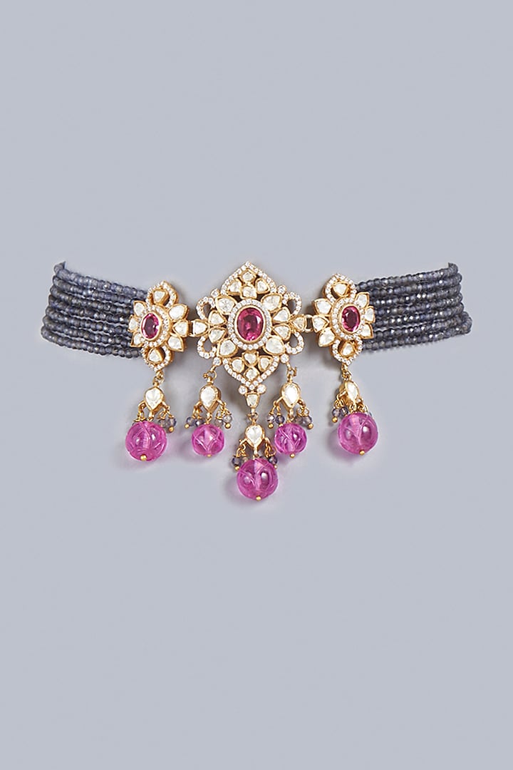 Gold Finish Kundan Polki & Beaded Necklace In Sterling Silver by Vinanti Manji at Pernia's Pop Up Shop