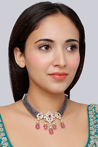 Gold Finish Kundan Polki & Beaded Necklace In Sterling Silver by Vinanti Manji
