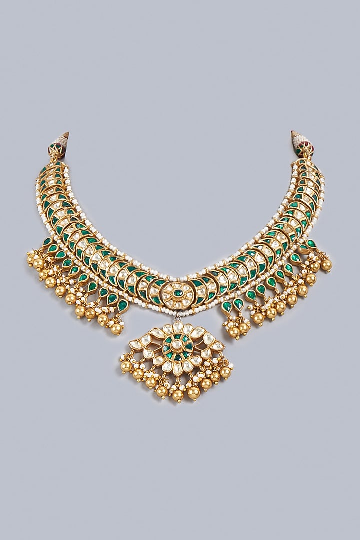 Gold Finish Kundan Polki Traditional Bridal Necklace In Sterling Silver by Vinanti Manji at Pernia's Pop Up Shop