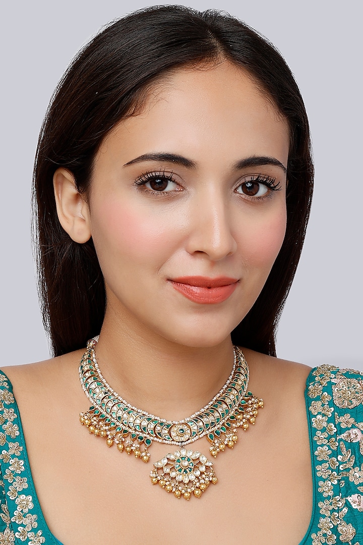 Gold Finish Kundan Polki Traditional Bridal Necklace In Sterling Silver by Vinanti Manji at Pernia's Pop Up Shop