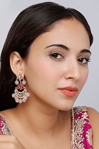 Gold Finish Kundan Polki Traditional Lotus Chandabali Earrings In Sterling Silver by Vinanti Manji