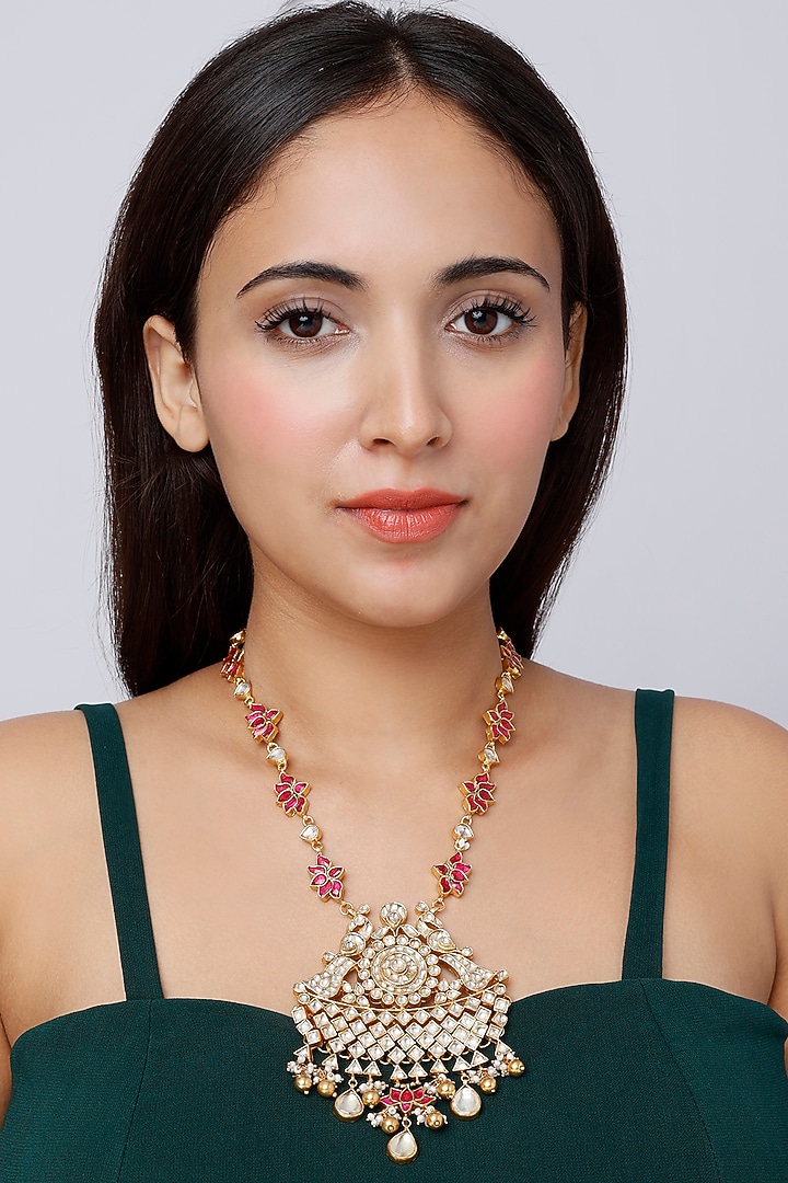 Gold Finish Long Necklace In Sterling Silver by Vinanti Manji at Pernia's Pop Up Shop