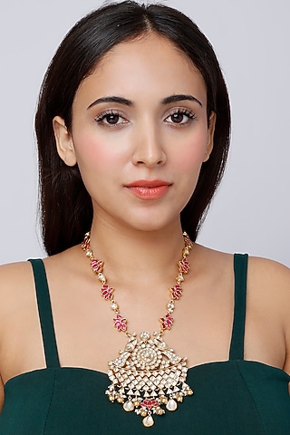 Gold Finish Long Necklace In Sterling Silver by Vinanti Manji