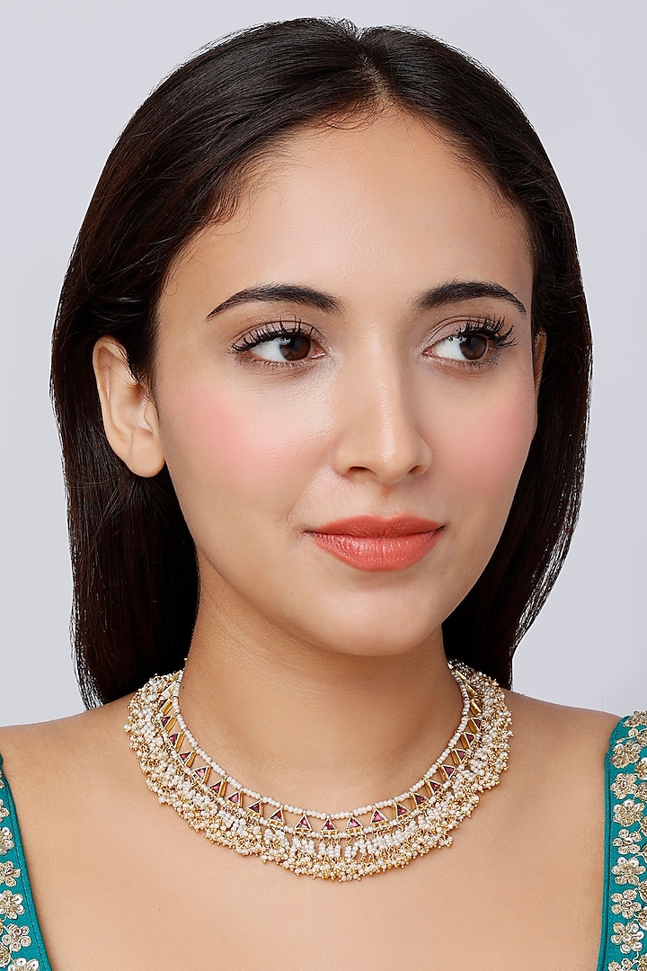 Gold Finish Kundan Polki Traditional Necklace In Sterling Silver by Vinanti Manji at Pernia's Pop Up Shop