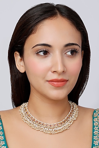 Gold Finish Kundan Polki Traditional Necklace In Sterling Silver by Vinanti Manji
