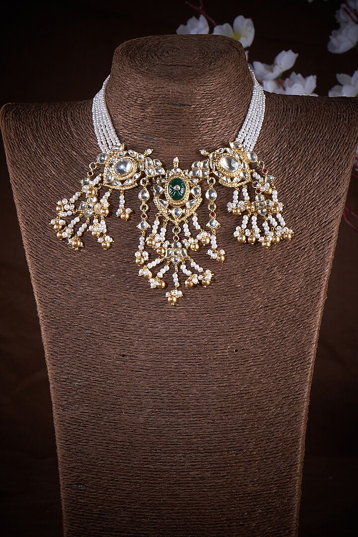 Gold Finish Green Onyx & Pearl Necklace In Sterling Silver by Vinanti Manji at Pernia's Pop Up Shop