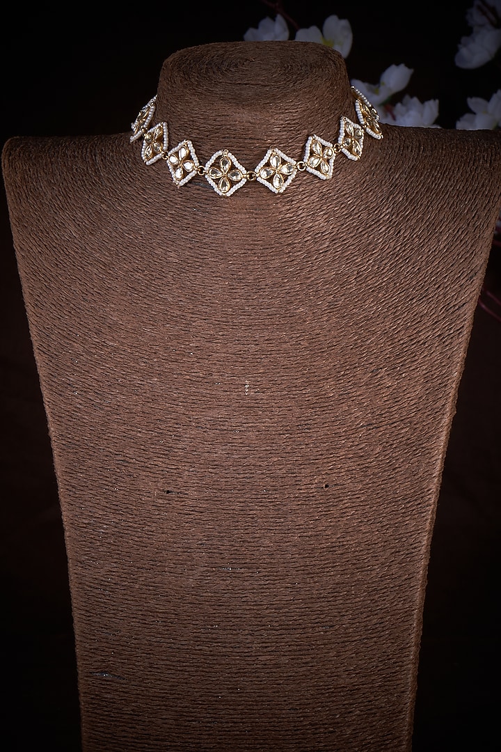 Gold Finish Kundan Polki & Pearl Necklace In Sterling Silver by Vinanti Manji at Pernia's Pop Up Shop