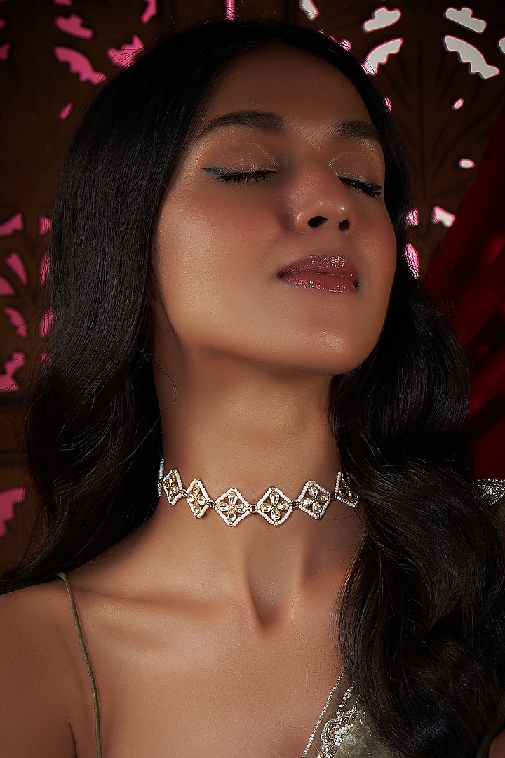 Gold Finish Kundan Polki & Pearl Necklace In Sterling Silver by Vinanti Manji at Pernia's Pop Up Shop