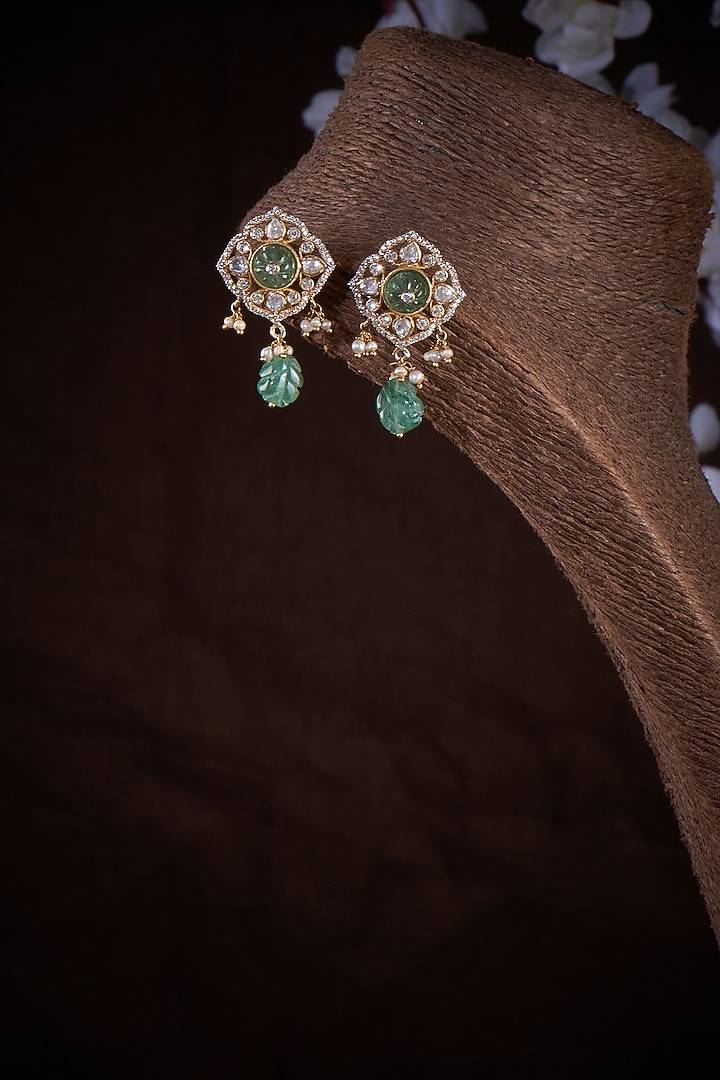 Gold Finish Kundan Polki & Fluorite Stone Dangler Earrings In Sterling Silver by Vinanti Manji at Pernia's Pop Up Shop