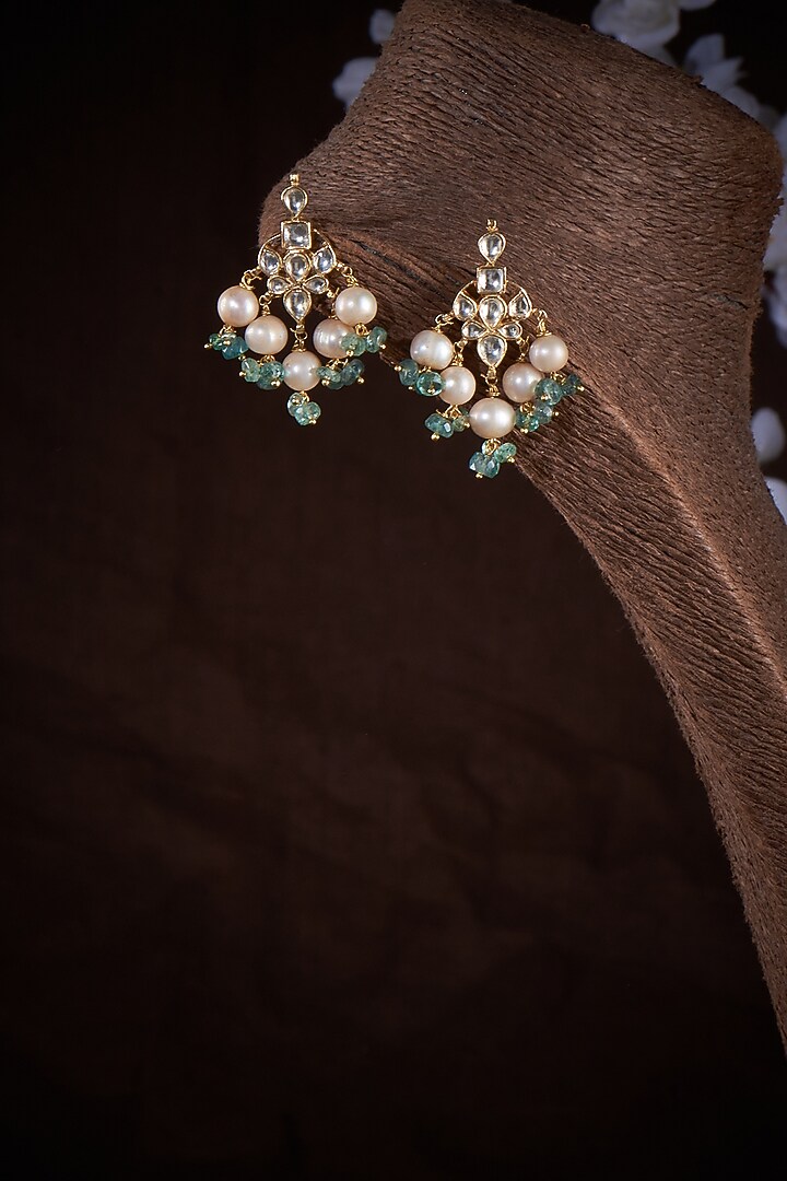 Gold Finish Kundan Polki & Fluorite Stone Dangler Earrings In Sterling Silver by Vinanti Manji at Pernia's Pop Up Shop