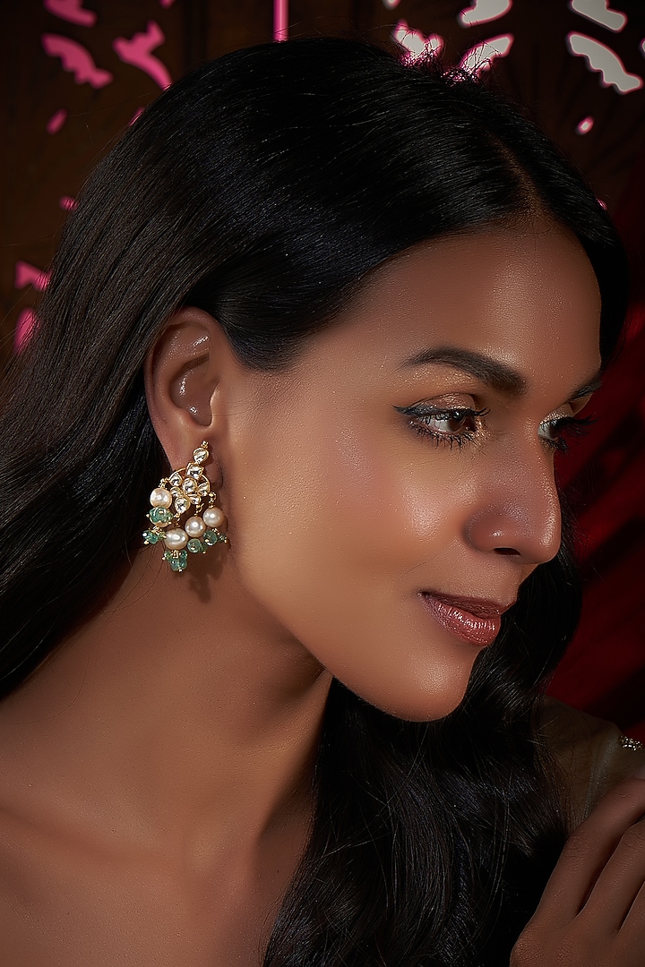 Gold Finish Kundan Polki & Fluorite Stone Dangler Earrings In Sterling Silver by Vinanti Manji at Pernia's Pop Up Shop