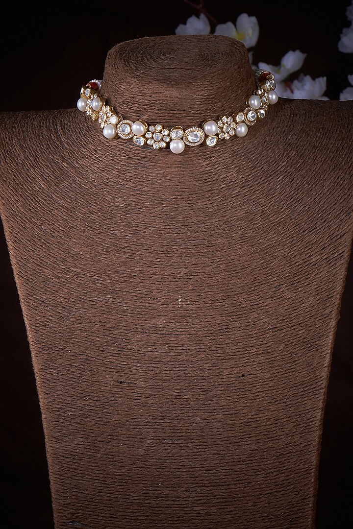 Gold Finish Kundan Polki & Pearl Choker Necklace In Sterling Silver by Vinanti Manji at Pernia's Pop Up Shop