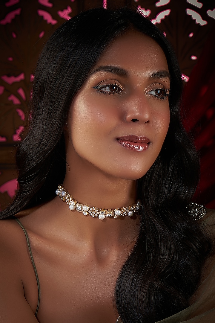 Gold Finish Kundan Polki & Pearl Choker Necklace In Sterling Silver by Vinanti Manji at Pernia's Pop Up Shop