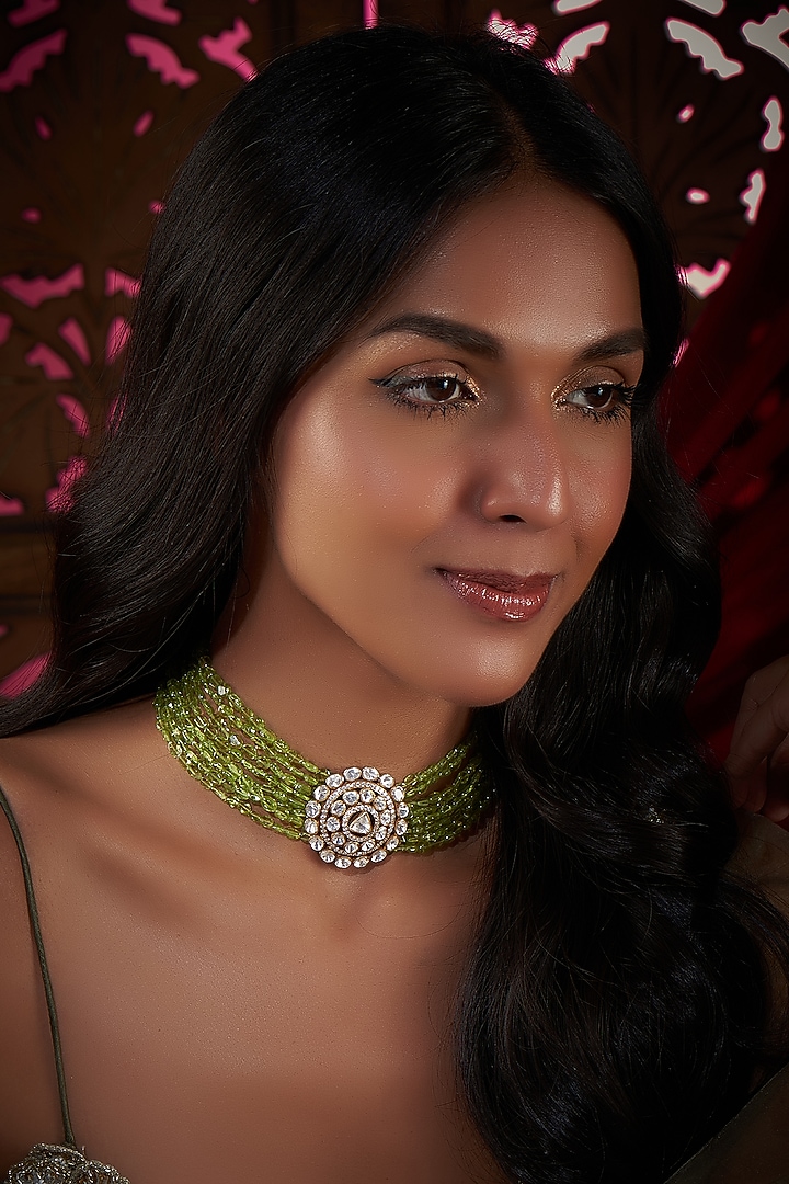 Gold Finish Kundan Polki Necklace In Sterling Silver by Vinanti Manji at Pernia's Pop Up Shop