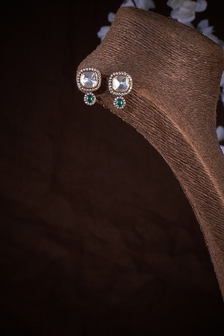 Gold Plated Kundan Polki & Green Stone Stud Earrings In Sterling Silver by Vinanti Manji at Pernia's Pop Up Shop