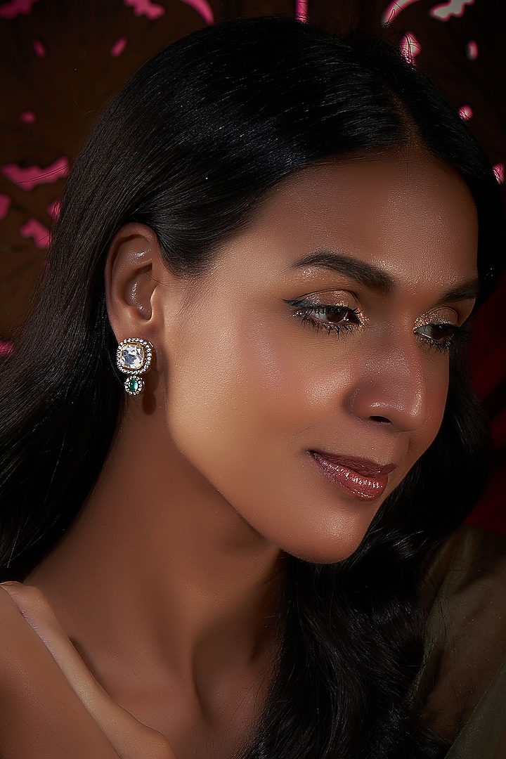 Gold Plated Kundan Polki & Green Stone Stud Earrings In Sterling Silver by Vinanti Manji at Pernia's Pop Up Shop