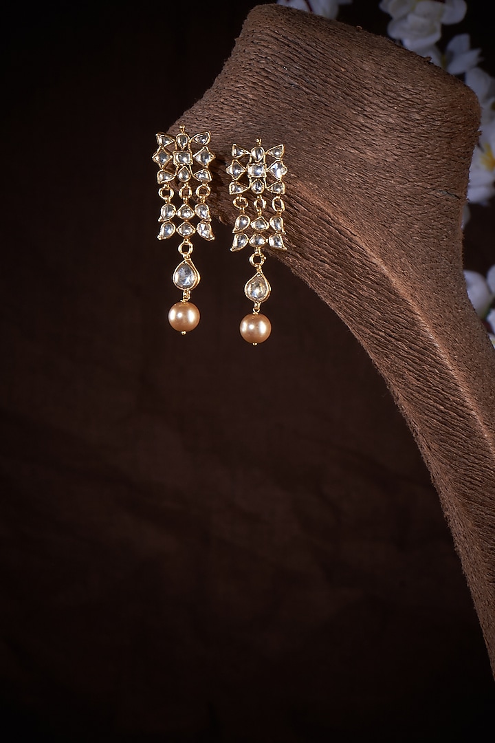 Gold Finish Kundan Polki & Pearl Dangler Earrings In Sterling Silver by Vinanti Manji at Pernia's Pop Up Shop