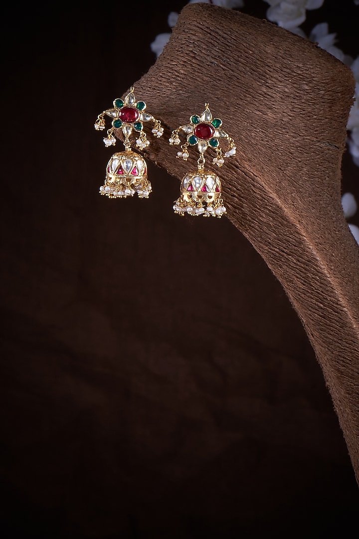 Gold Plated Ruby & Green Onyx Jhumka Earrings In Sterling Silver by Vinanti Manji at Pernia's Pop Up Shop
