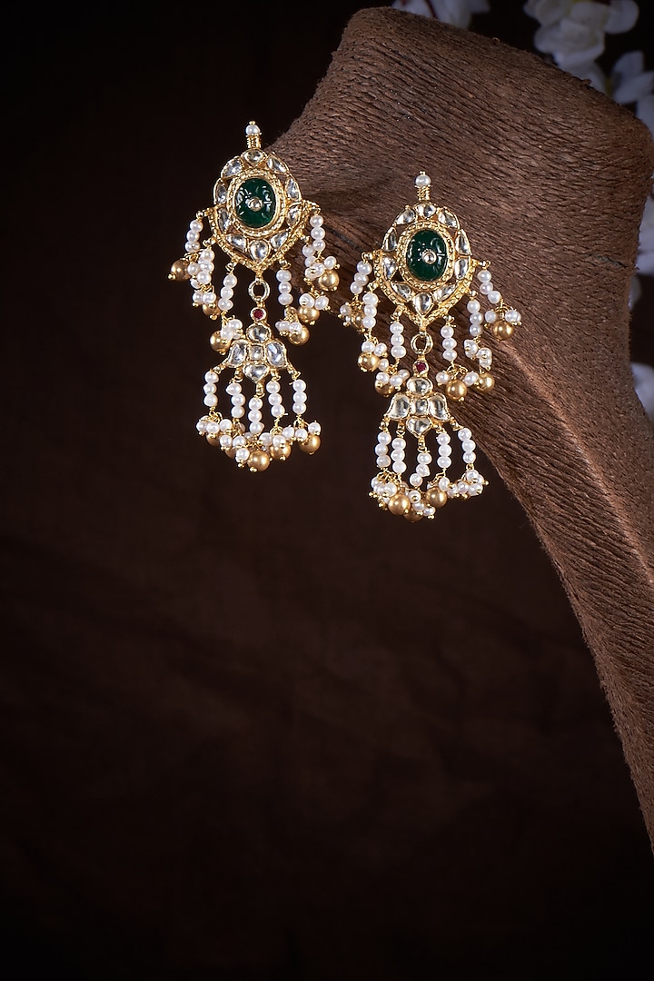 Gold Plated Kundan Polki & Green Onyx Dangler Earrings In Sterling Silver by Vinanti Manji at Pernia's Pop Up Shop