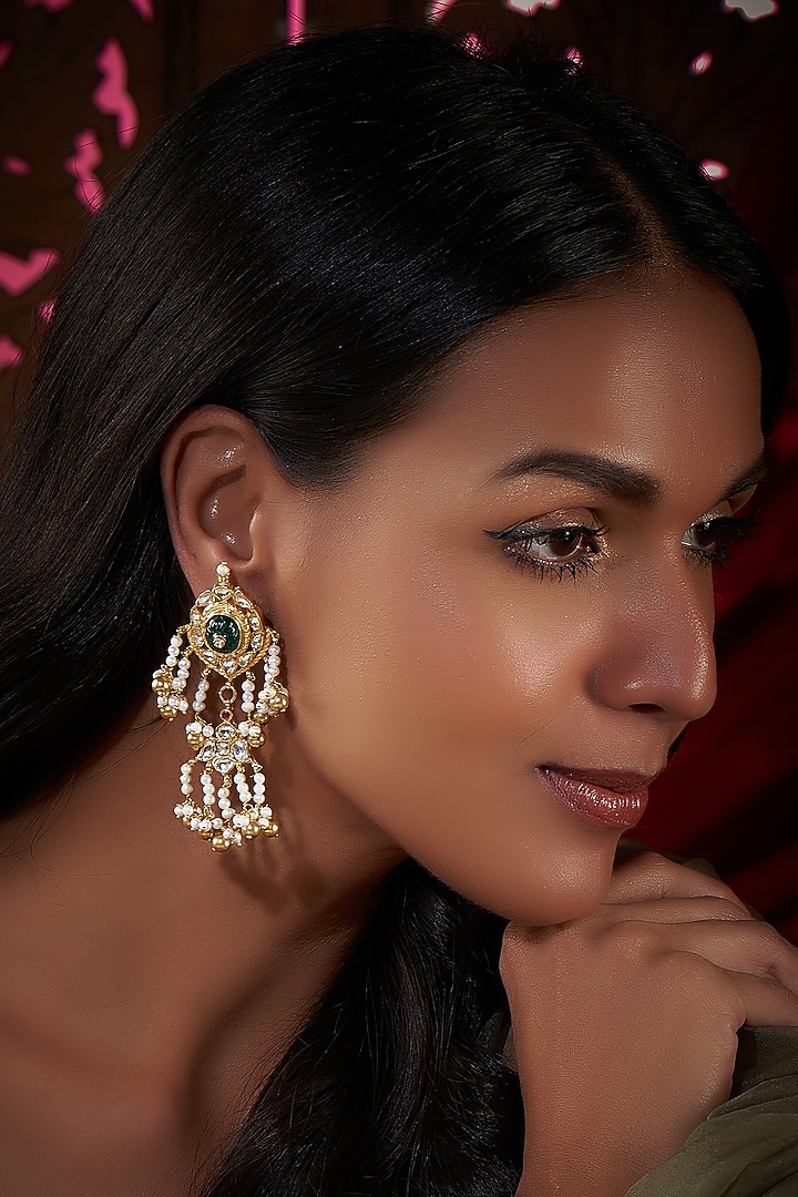 Gold Plated Kundan Polki & Green Onyx Dangler Earrings In Sterling Silver by Vinanti Manji at Pernia's Pop Up Shop