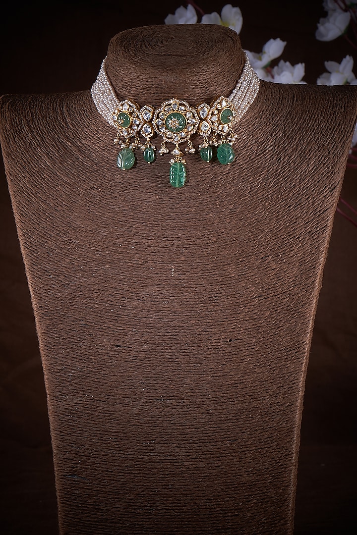 Gold Finish Kundan Polki & Pearl Necklace In Sterling Silver by Vinanti Manji at Pernia's Pop Up Shop