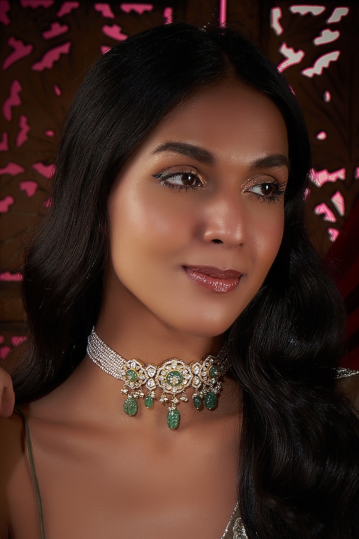 Gold Finish Kundan Polki & Pearl Necklace In Sterling Silver by Vinanti Manji at Pernia's Pop Up Shop