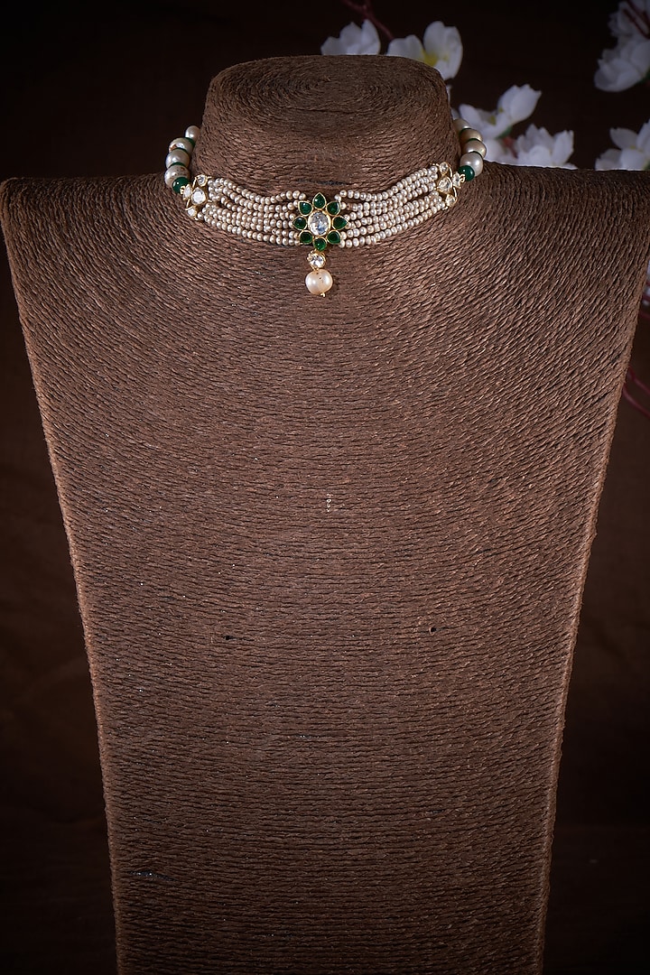 Gold Finish Kundan Polki & Green Onyx Choker Necklace In Sterling Silver by Vinanti Manji at Pernia's Pop Up Shop