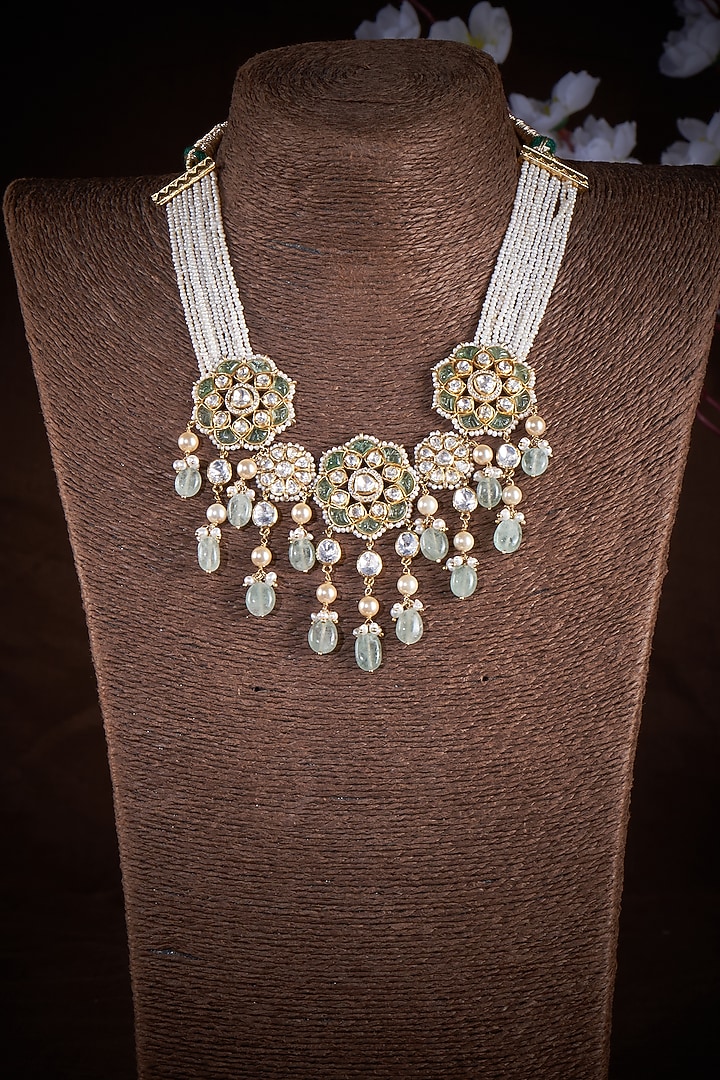 Gold Plated Kundan Polki & Pearl Necklace In Sterling Silver by Vinanti Manji at Pernia's Pop Up Shop