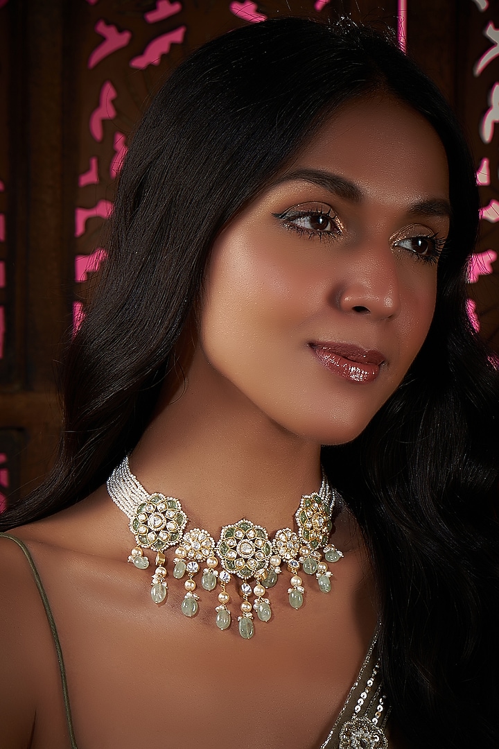 Gold Plated Kundan Polki & Pearl Necklace In Sterling Silver by Vinanti Manji at Pernia's Pop Up Shop