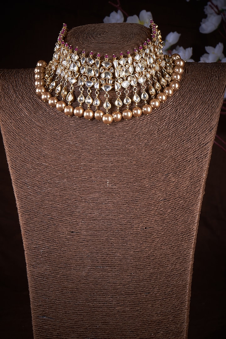 Gold Plated Kundan Polki & Pearl Necklace In Sterling Silver by Vinanti Manji at Pernia's Pop Up Shop