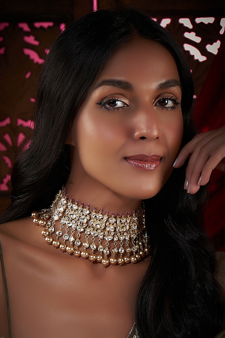 Gold Plated Kundan Polki & Pearl Necklace In Sterling Silver by Vinanti Manji at Pernia's Pop Up Shop