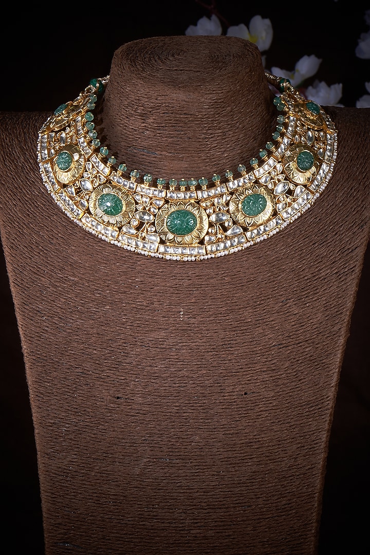 Gold Finish Kundan Polki & Green Fluorite Stone Bridal Necklace In Sterling Silver by Vinanti Manji at Pernia's Pop Up Shop