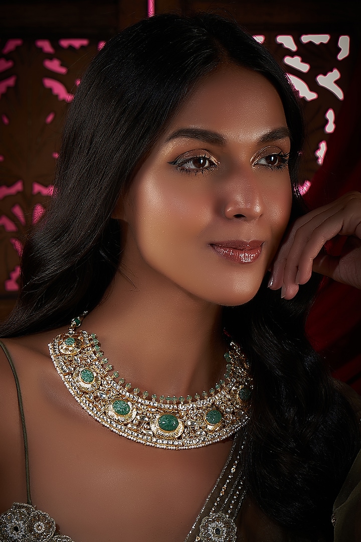 Gold Finish Kundan Polki & Green Fluorite Stone Bridal Necklace In Sterling Silver by Vinanti Manji at Pernia's Pop Up Shop